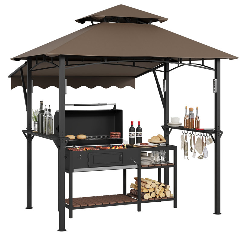 Brown 8x5 FT Double-Tier Grill Gazebo with Heavy-Duty Steel Frame and 7x3 FT Awning, Weather-Resistant Outdoor BBQ Canopy with Shelves, Hooks and LED Lights