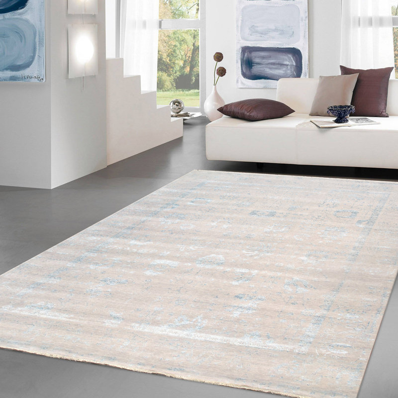 Transitional Abstract Hand-Knotted Rectangle 8'11" x 11'8" Wool/Silk/Rayon From Bamboo Area Rug in Silver/Aqua