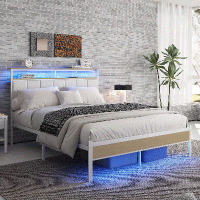 Bed Frame with Charging Station and LED Lights, Headboard with 2-Tier Storage Shelves, Bed Frame with Headboard, No Box Spring Needed, Easy Assembly,