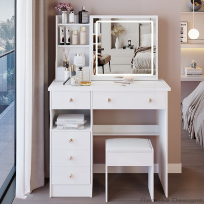 37" Middle Size Left Drawer Desktop Vanity Table, Brightness Adjust LED Mirror and Cushioned Stool