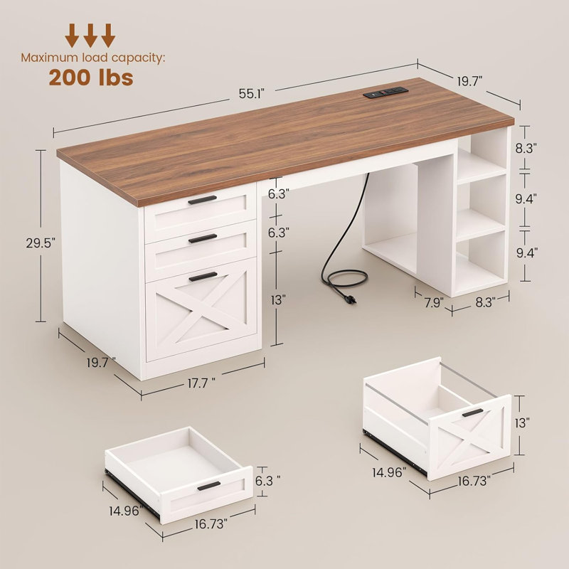 55.1" Farmhouse Office Desk With 3 Drawers, Computer Desk With File Drawer & Storage Shelves, Brown/White