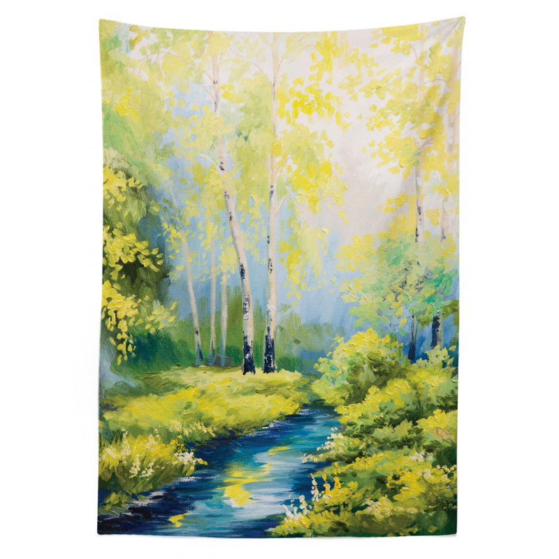 Ambesonne Country Tablecloth, Pastoral Paint Of A Forest In The Spring Time With Fresh Colored Leaves Trees Art, Rectangular Table Cover For Dining Room Kitchen Decor, 52" X 70", Green Blue