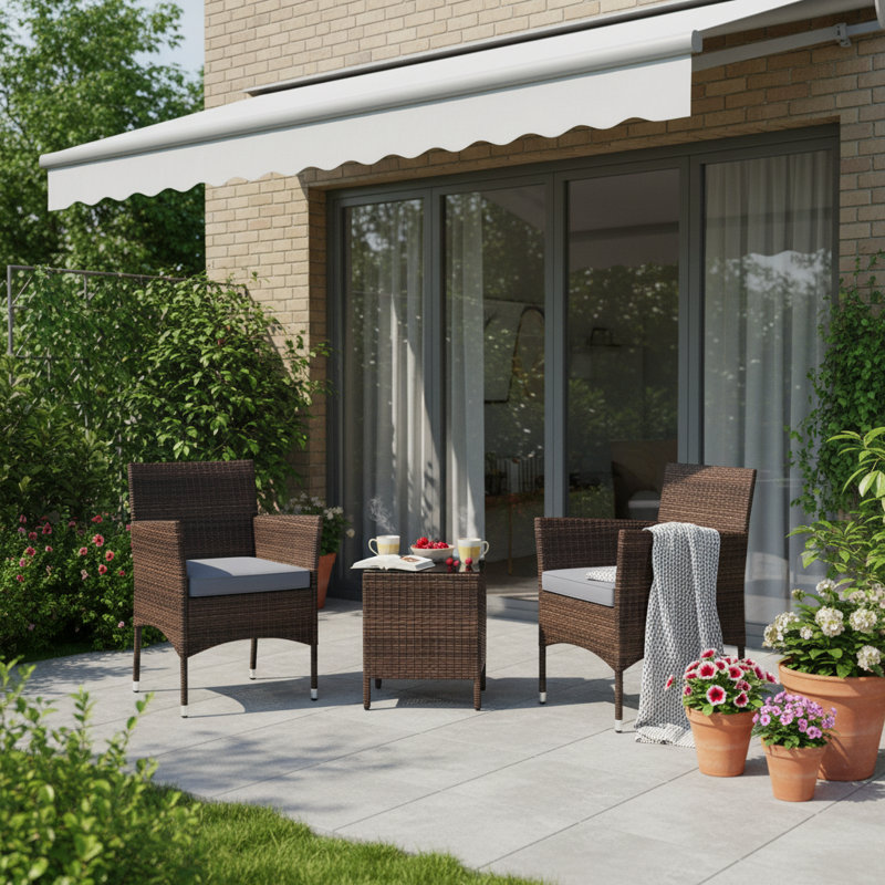 Ensemble de patio en osier 3 pièces, ensemble bistro en rotin d'extérieur avec coussins et table en verre trempé, ensemble de chaises de patio compactes pour conversation
