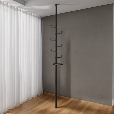New style with trays Adjustable Laundry Pole Clothes Drying Rack Coat Hanger DIY Floor to Ceiling Tension Rod Storage Organizer for Indoor, Balcony - Black