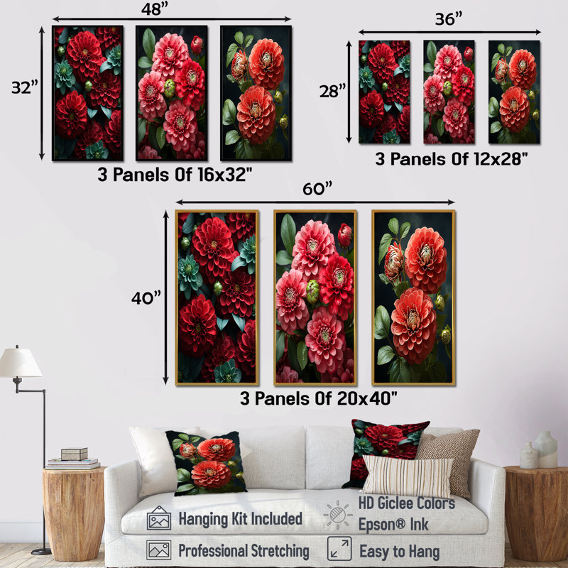 Red Zinnias Blooms I - ensemble de 3 décorations murales fleurs rouges, H 40 po x l 60 po, Cadre flottant noir