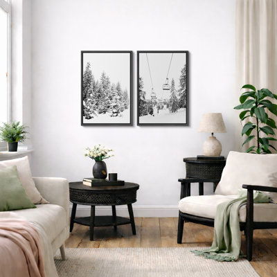Winter Forest Snow Nature Landscape Black And White Photography, Rustic Modern Woodland Pine Tree Pictures, Giclee Canvas Digital Print Framed Wall Art  16x24x2 pcs, 24x36x2 pcs