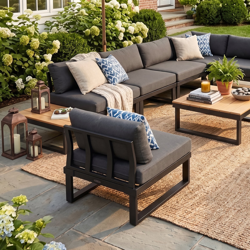 Cogbill 109.6 Wide 8 - Person Aluminium Outdoor Seating Group with Cushions, Dark Gray, Black