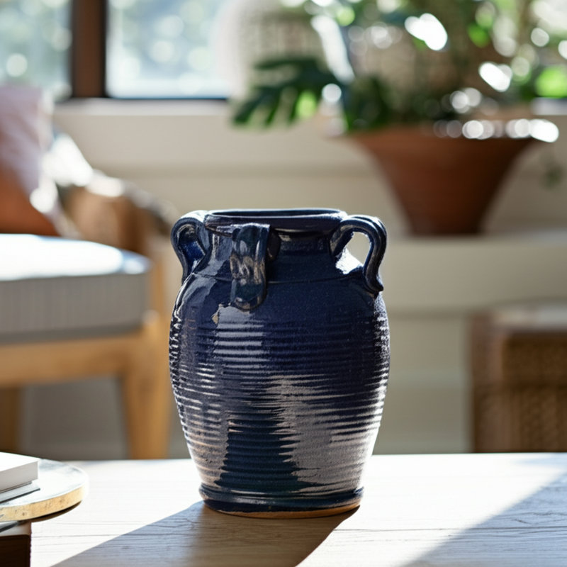 Winston Porter 7" Terracotta Vase With Handles, Blue