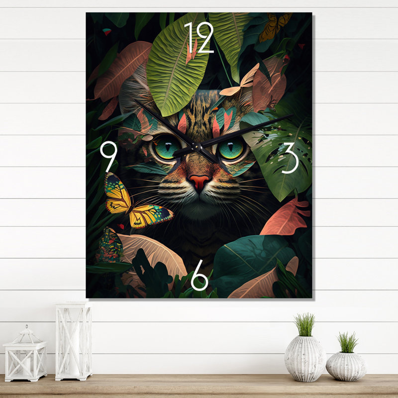 Horloge murale moderne avec un chat mignon et un papillon dans la jungle, Très grand