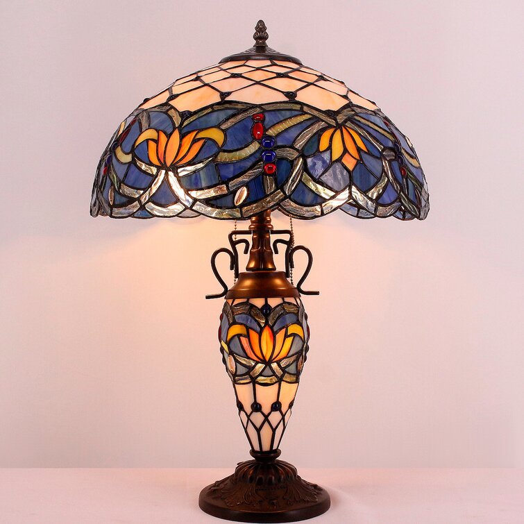 Bloomsbury Market Lampe Tiffany avec veilleuse, grande lampe de table Lotus  en verre coloré bleu rustique, 24 po de hauteur, base vintage, salon,  chambre à coucher, table de chevet, bureau personnel, ampoule