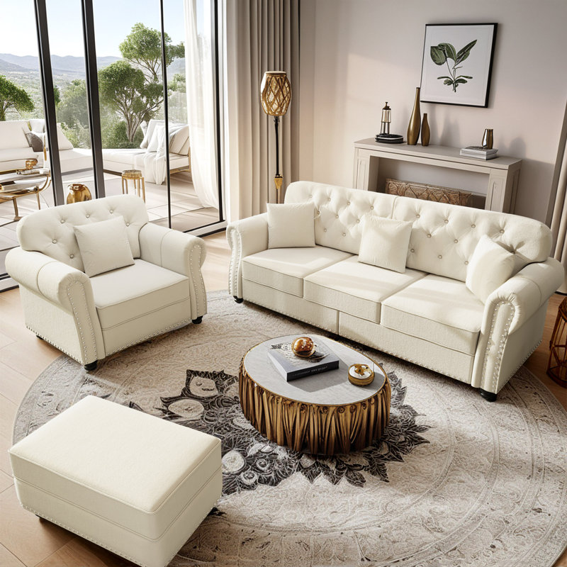 Ensemble de salon, canapé en velours avec fauteuil et repose-pieds Mid-Century 3 pièces, Beige / Blanc