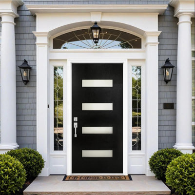Modern Fiberglass Exterior Entry Front Door With 4 Lite Glass & Mahogany Texture