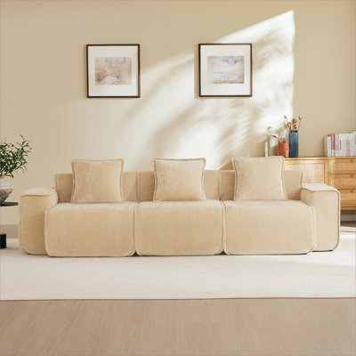 Streamlined Design Deep Seat Modular 3 Seat Boneless Sofa with French Edge Piping,No Assembly Required, Modern Modular 3-Seat Sofa Couch with Throw Pillows,Velvet Fabric Light Camel