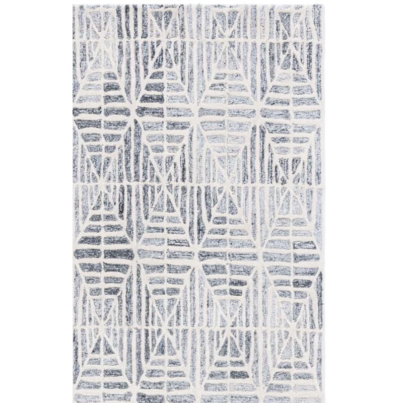 Ebony Hand Tufted Wool Viscose Cotton with Latex Geometric Rug in Ivory/Gray, Rectangle 6' x 9'