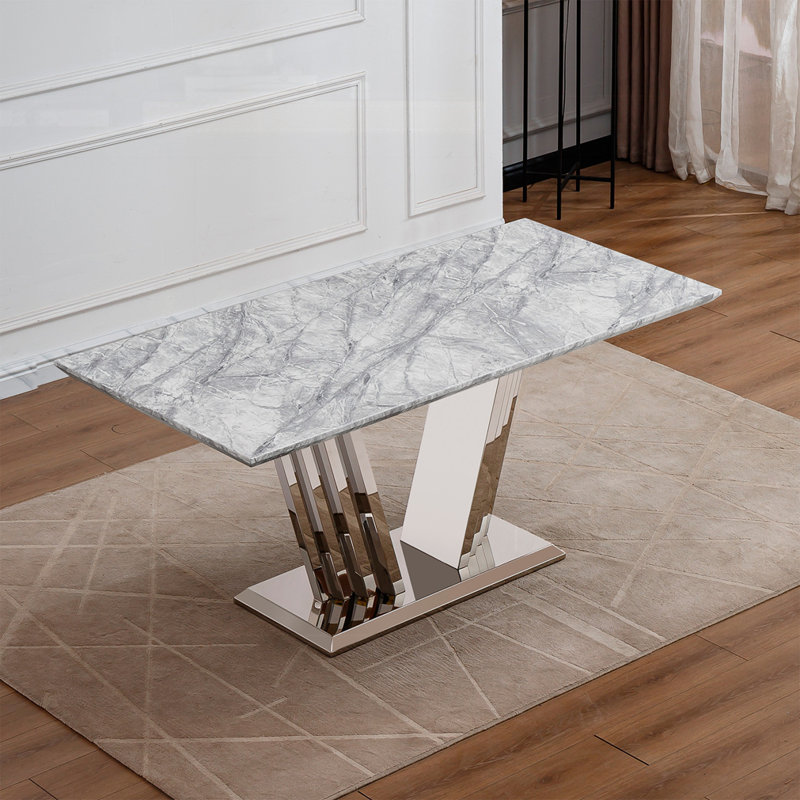 70" Rectangle Faux Marble Dining Table, Silver, Gray