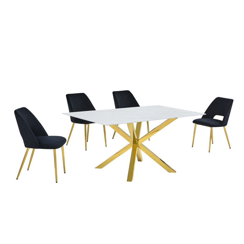 Ensemble de salle à manger 63 "x 39" en verre avec revêtement en marbre et chaises d'appoint en velours, 5, Noir