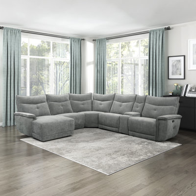 Achernar 118.5" Modern & Contemporary Textured Fabric Double Reclining Sectional Sofa with Flexible 6-Piece Modular Design, Integrated Console with Stainless Steel Cupholders