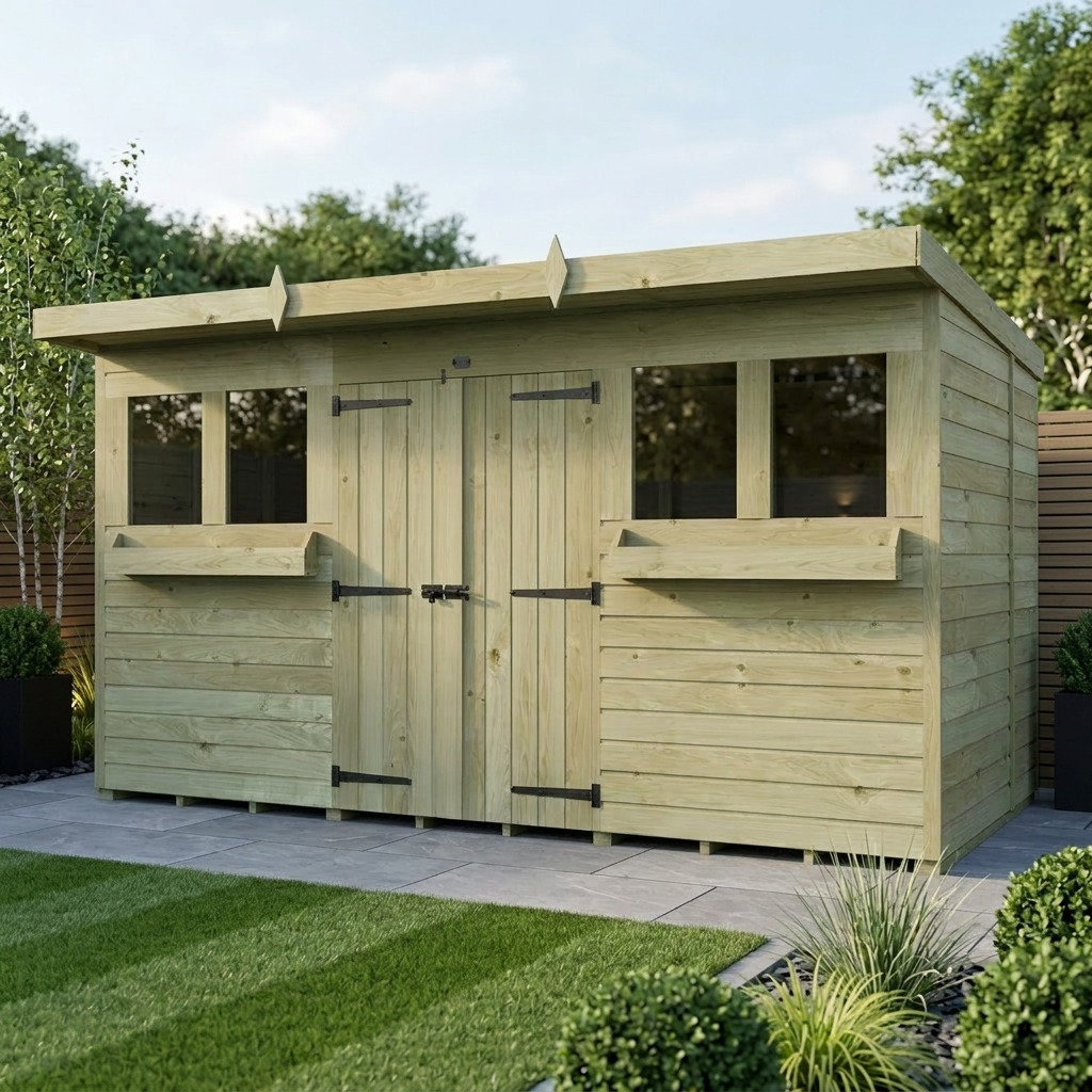 Total Sheds 12ft x 8ft Pent Summer Shed - Toughened Glass External Planters - Pressure Treated Timber - UK Manufactured