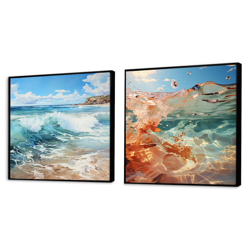 Obryan - Ensemble de 2 collages nautiques et carrés de plage, Cadre flottant noir, H 16 po x l 33 po