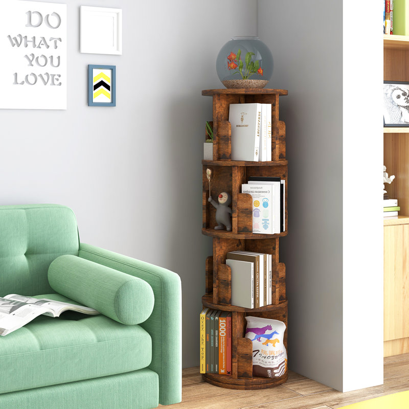 Tashani 4 Tiers Rotating Bookshelf, Floor Standing Bookcase, Corner Organizer Display, Brown