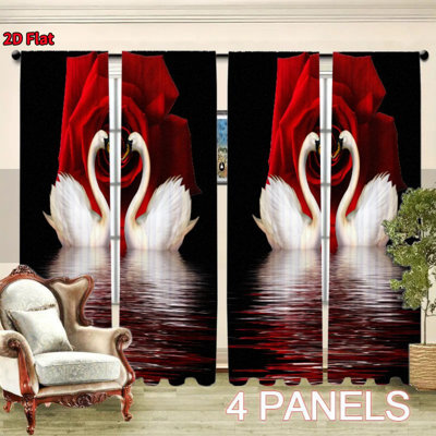 4Pcs White Swan Red Rose Pattern Curtains, Adopting Pocket Pole Installation, Digital Printing, Suitable for Living Room, Kitchen, Bedroom, Study, Bathroom, Hotel, Dining, Home Decoration