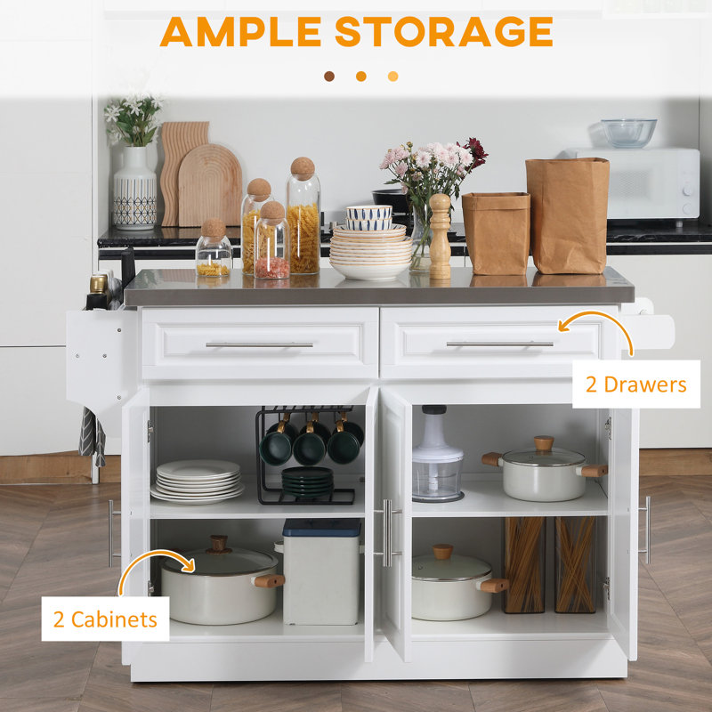 Kitchen Island On Wheels With Stainless Steel Surface And Systematic Storage Options, 2 Drawers, Spice Rack, Towel Holder, White, Options Rolling Table By , Surface, Cabinets, Stand