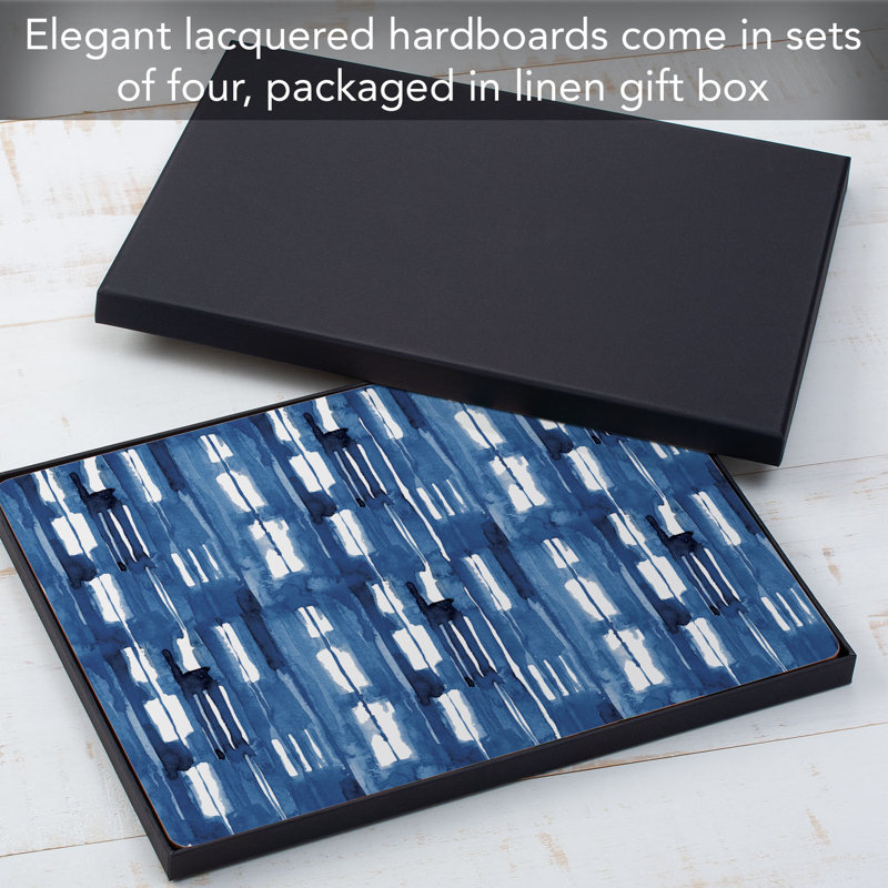Indigo Blue Geometric Hardboard Placemats with Cork Backing, Set of 4
