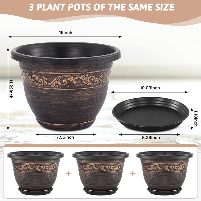Plastic Flower Planters with Drainage Hole and Saucer, 11.2" H x 16" W x 16" D