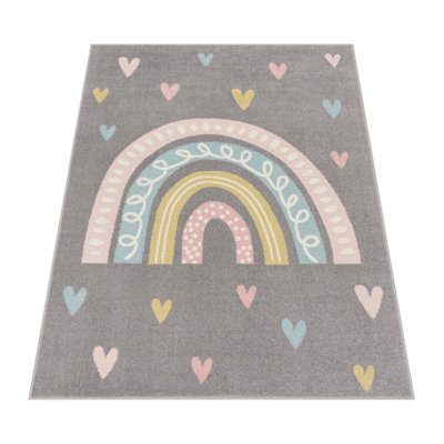 Tapis pour enfants avec arc-en-ciel et cœurs pour chambre de bébé aux couleurs pastel