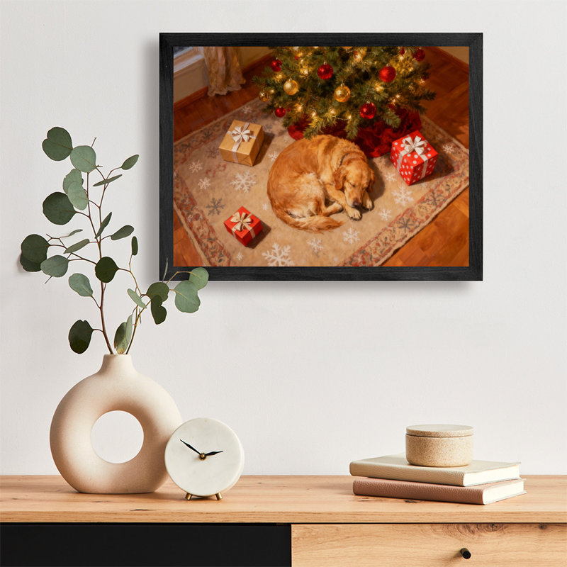 Noir rétro encadré noir - Chiens gardant des cadeaux, art mural, impressions de style rétro, H 25 po x l 37 po