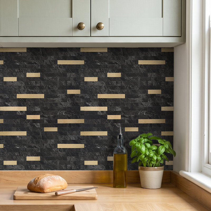 10Pcs Self-Adhesive Marble Wall Tile Stickers, Black/Gold