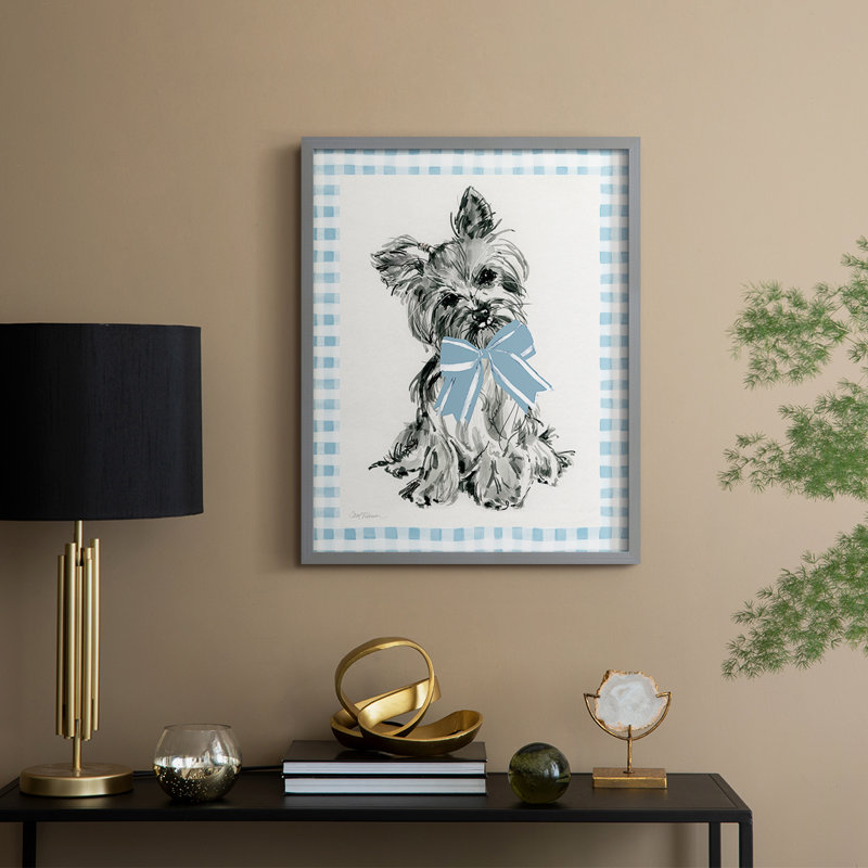 «Blue Bow Yorkie», reproduction encadrée - bois massif, H 15 po x l 12 po, Gris