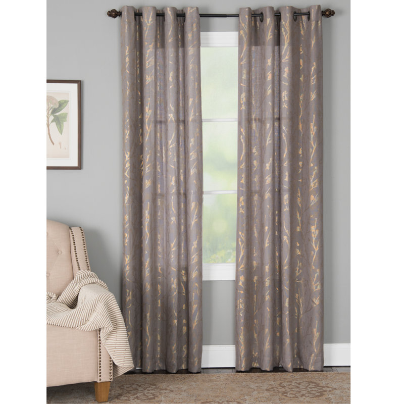 Tramarion Polyester / Linen Semi-Sheer Foil Printed Curtain Panel with Grommet Top, Gray, 50'' W x 63'' L