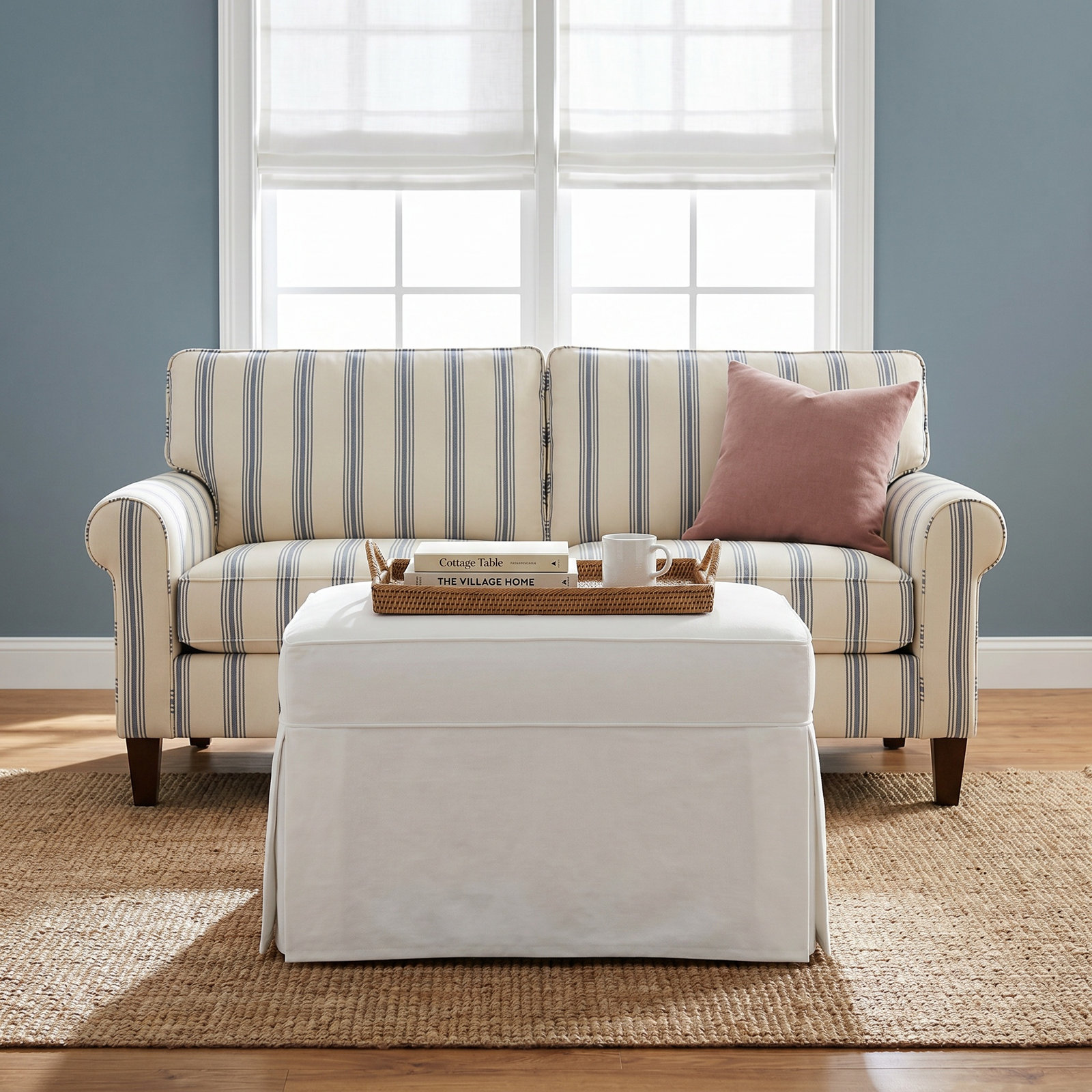 Amari 33" Cotton Ottoman, Conversation Linen Basketweave
