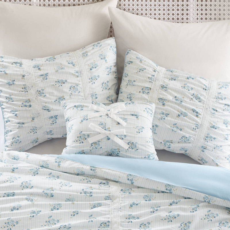 Ensemble de literie bleu pour lit double/queen, couette en microfibre froncée, style floral romantique