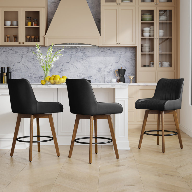 Extra-Wide 360° Swivel Bar Stool With Pocket Spring Seat & Solid Wood Base, Black