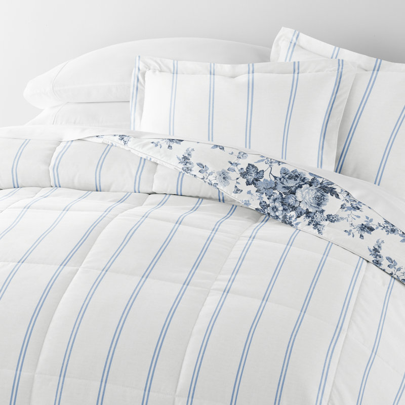 Stone All Season Down-Alternative Comforter Set in Cabbage Rose Stripe, King Comforter + 2 King Shams