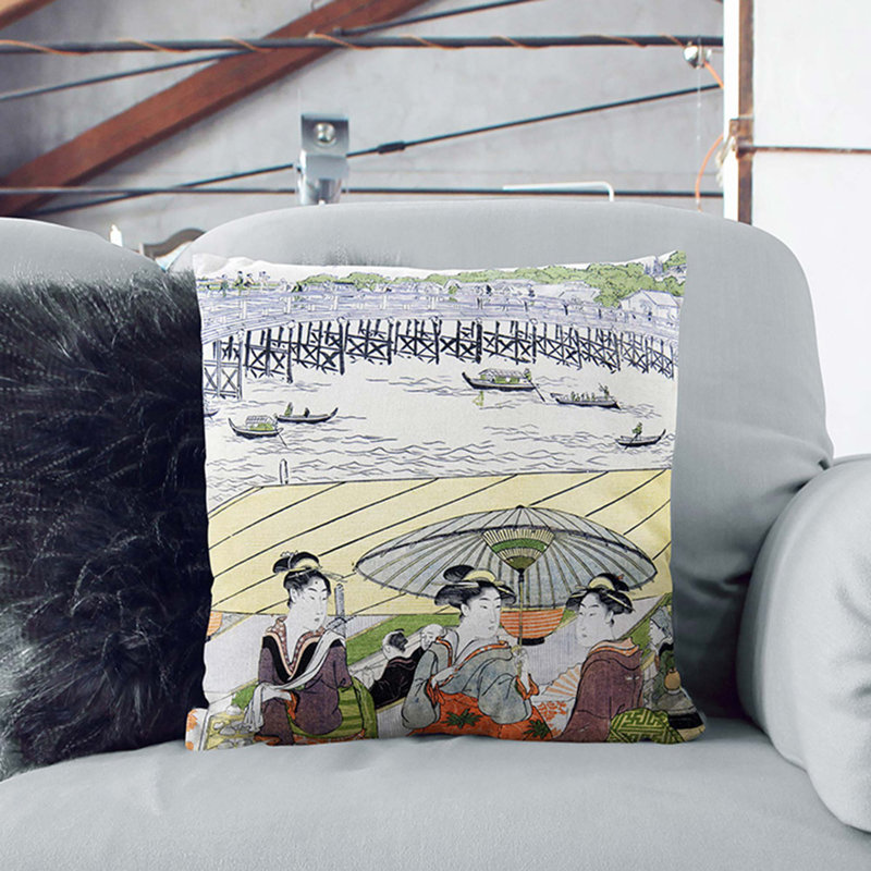Three Women by Ryogoku Bridge by Utagawa Toyokuni Cushion with Filling, 40cm H x 40cm W x 15cm D