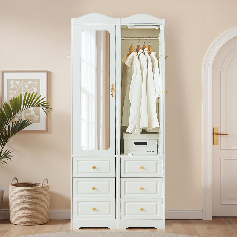 Armoire penderie Armoire avec 6 tiroirs et 2 miroirs et avec tringle et lumières à capteur, Blanc