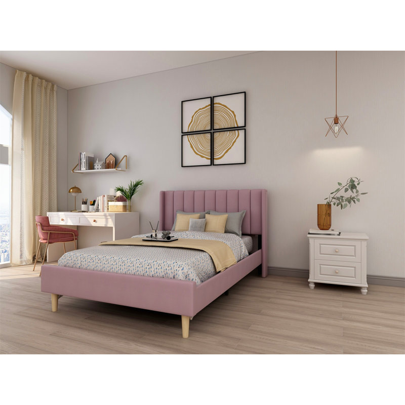 Lit plateforme tapissier avec tête de lit à oreilles Eriksay, Velours rose pâle, Double
