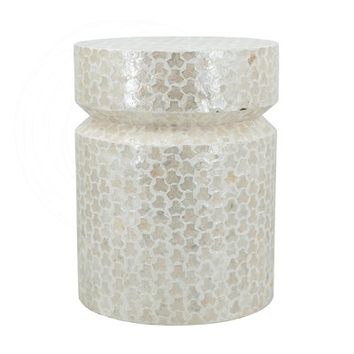 Round Wooden Accent Stool White Capiz Finish