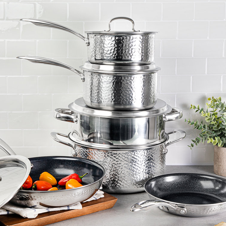 Granitestone Stainless Steel Hammered 10 Piece Nonstick Cookware Set, Stay  Cool Handles, Oven & Dishwasher Safe