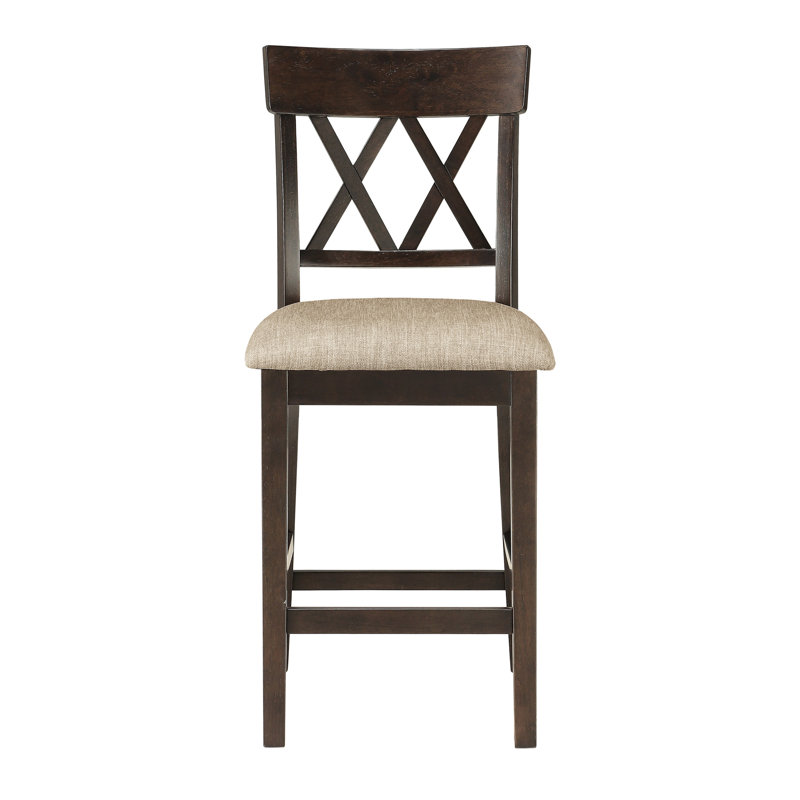 Chaises à hauteur de comptoir 2 pièces, finition brun foncé, double, siège rembourré en tissu pour une paire de chaises de salle à manger, décontracté