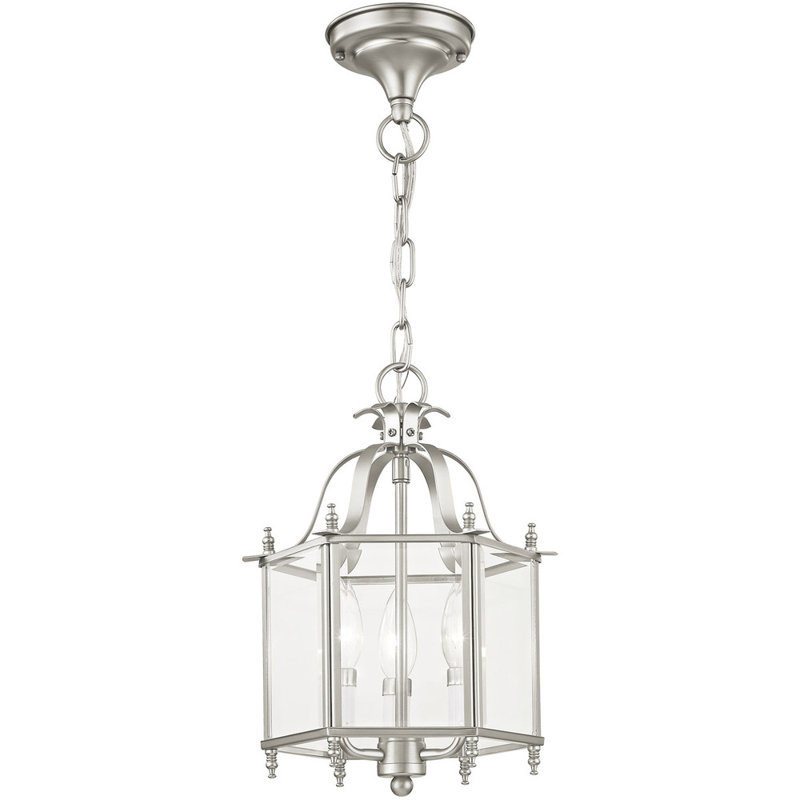 Luminaire suspendu géométrique 3 lumières Djamshid, Nickel brossé, Verre biseauté transparent
