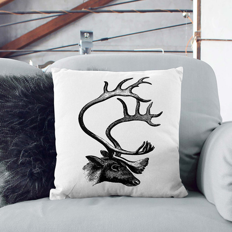A Deer With Antlers Illustration In Black And White Square Throw Cushion, White, 40 x 40 cm