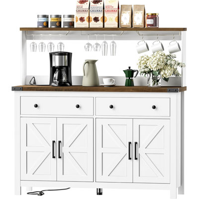 Hutch Storage Cabinet Buffet with Drawers, and Charging Station, Coffee Bar Cabinet with Barn Doors, Wine Rack and Hooks, Countertop, Long Farmhouse, for Kitchen, Dining Room, 60" High