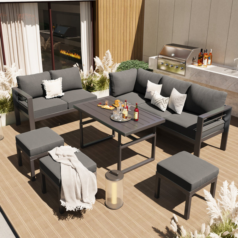 Ensemble de mobilier d'extérieur moderne en aluminium avec foyer, Gris foncé
