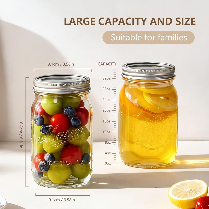 Bocaux Mason 950 ml (lot de 12) à large ouverture avec couvercles et bagues hermétiques | Bocaux en verre d'un litre pour la mise en conserve, les conserves et les marinades.