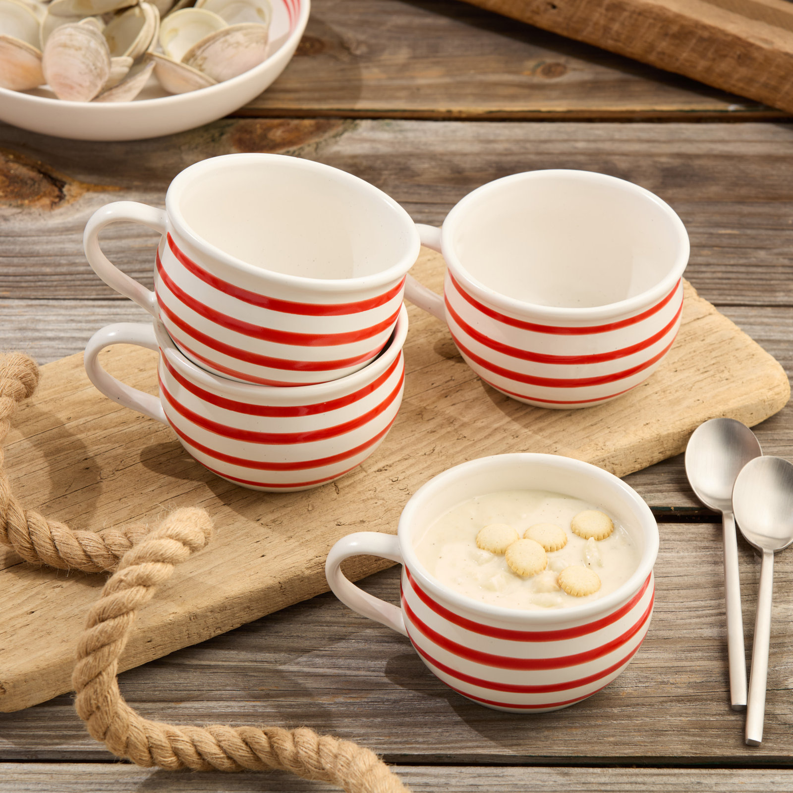 Dockside Red Jumbo Chowder Bowls - Set of 4, 22 oz, Perfect for Soups, Stews, and Casual Dining - Durable Stoneware with Coastal Charm. Great for serving chowders, bisques, or noodle soups.