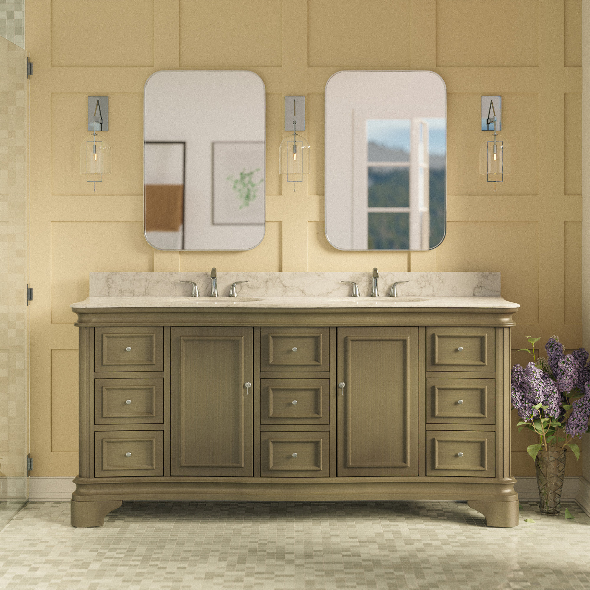 Twain 72" Double Bathroom Vanity Set, Carrara Marble, Weathered Gray